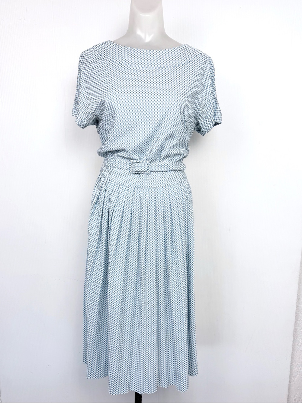Light Blue Patterned Belted Midi Dress